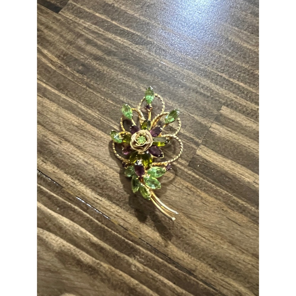 Vintage Gold Tone Floral Spray Brooch Green Purple Marquise Stone Rose Pin